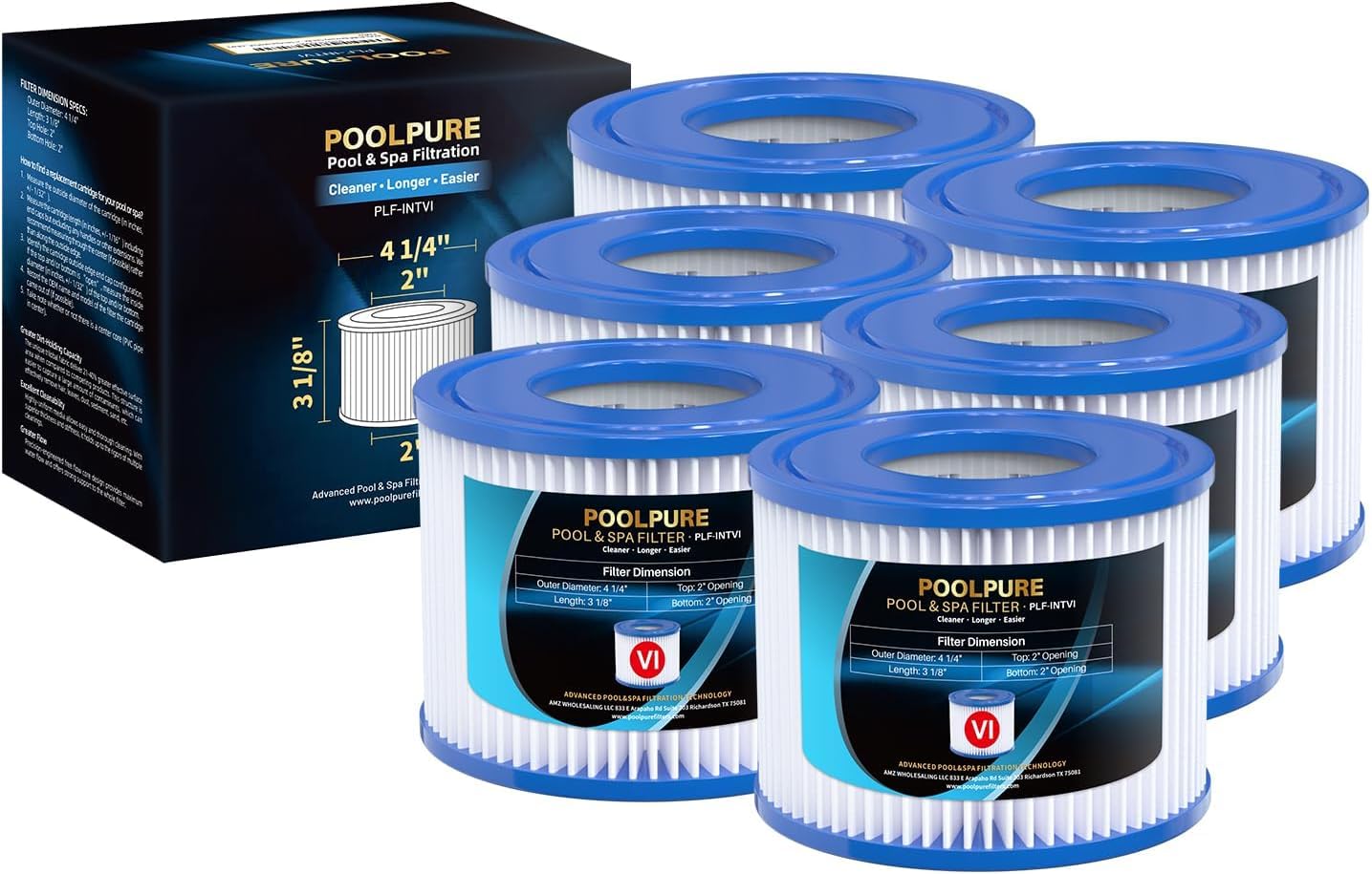 POOLPURE Filtre biodégradable Type VI Lot de 6 Cartouches compatibles Bestway, SaluSpa Coleman, Miami, Vegas, Paris, Monaco