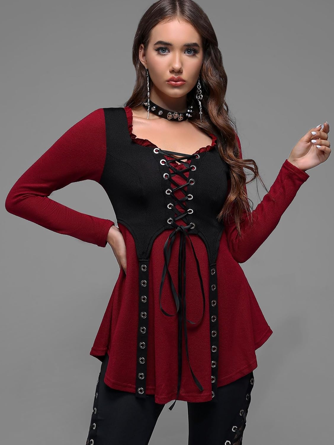 Rosegal Women Plus Size Gothic Lace-up Grommet Ruffles Tee Renaissance Costume Top Long Sleeves Gothic Top - Image 5