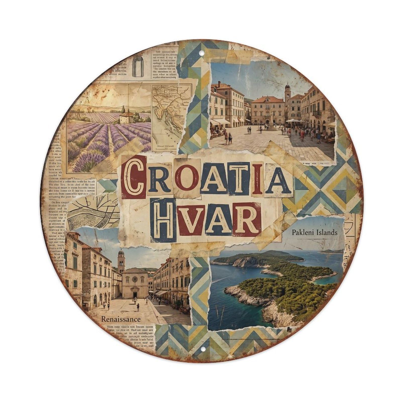 Hvar Lavender Croatian Collage Style Botanical Scenery Metal Tin Sign
