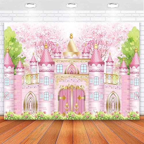 Telón de fondo de cumpleaños de castillo de princesa, acuarela pastel, rosa, castillo real, fondo de fotografía, cuento de hadas, decoración de