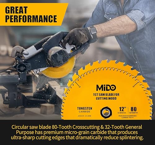 Miniatura 2 de MIDO PROFESSIONAL ABRASIVE Hojas de sierra ingletadora de 12 pulgadas, 2 hojas de sierra circular, corte transversal de 80 dientes y hoja de sierra