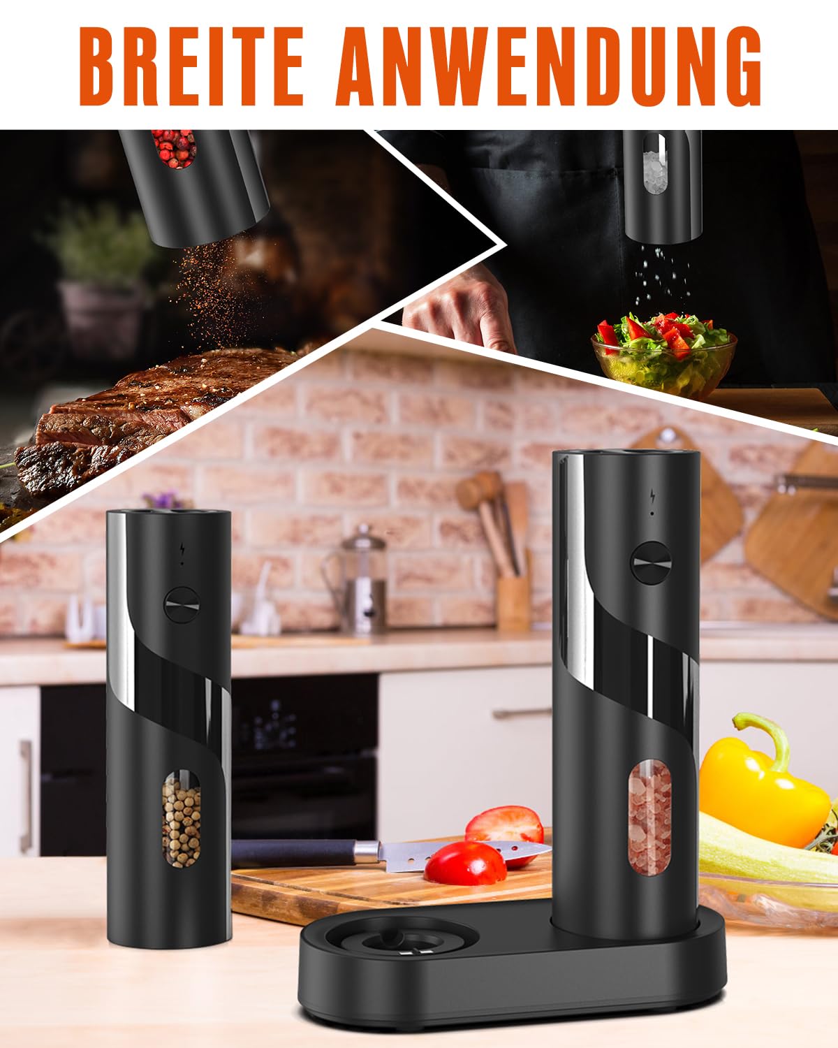 Homtronic Salz und Pfeffermühle Elektrisch 2er Set, 110ml Große Kapazität | Elektrische Pfeffermühle mit USB-C Dual Ladestation, 4 Einstellbarer Mahlgrad/LED Licht/Salz und Pfefferstreuer für Küche BBQ