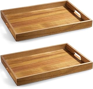 2 Pack Acacia Wood Serving Tray with Handles - 17 Inch Large Wooden Tray for Ottoman, Breakfast in Bed, Dinner, Coffee Table