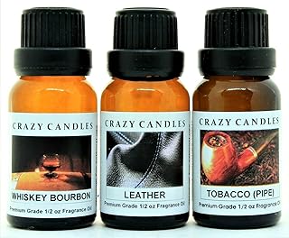 Crazy Candles 3 Bottle Set: Whiskey Bourbon, Leather, Tobacco 1/2 Fl Oz Each (15ml) Premium Grade Scented Fragrance Oil Made in USA