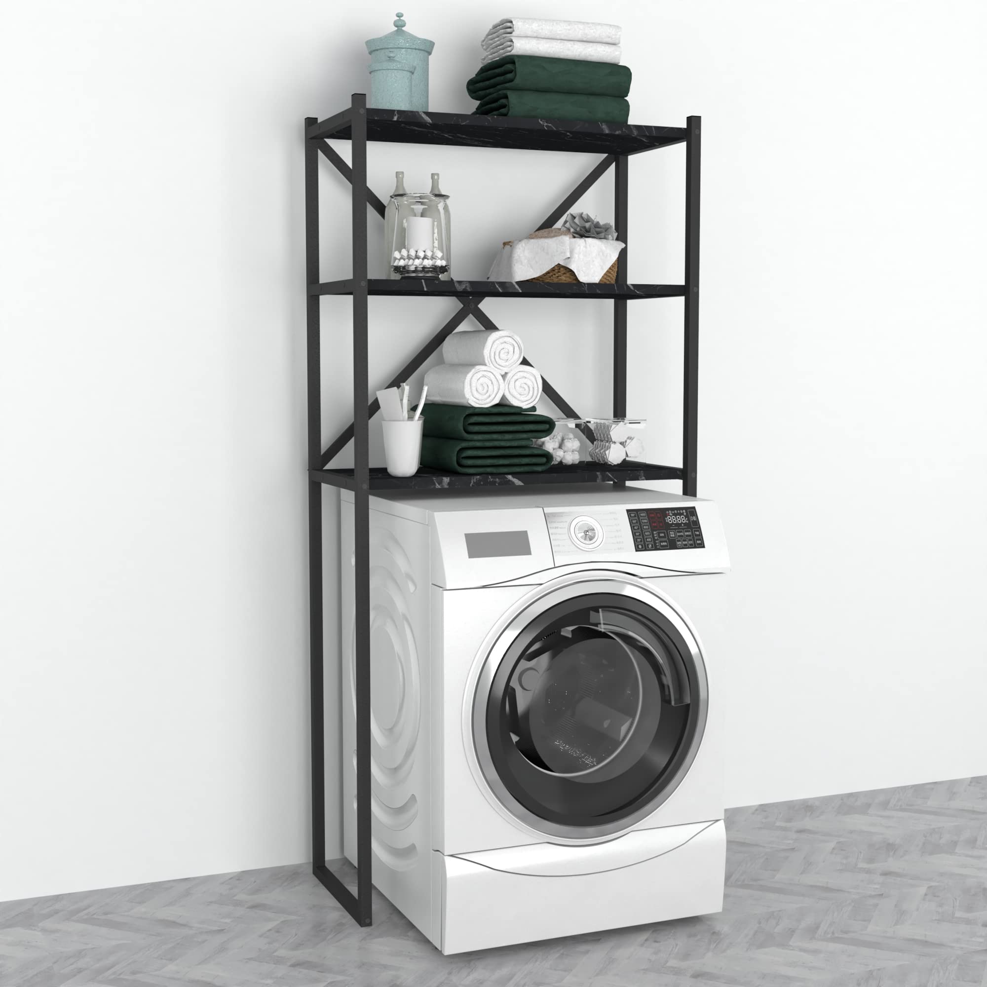 [en.casa] Estantería Alta para Lavadora Askersund Mueble de Baño de 3 Niveles Armario de Baño para Inodoro Secadora Aglomerado/Metal 160 x 66 x 34 cm - Efecto Mármol Negro