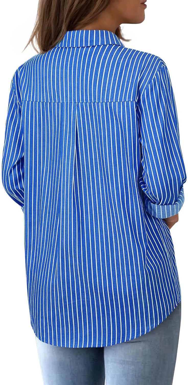 Striped Button Down Shirts for Women Cotton Dress Shirts Long Sleeve Collared Blouses Work Business Casual Tops - Image 3