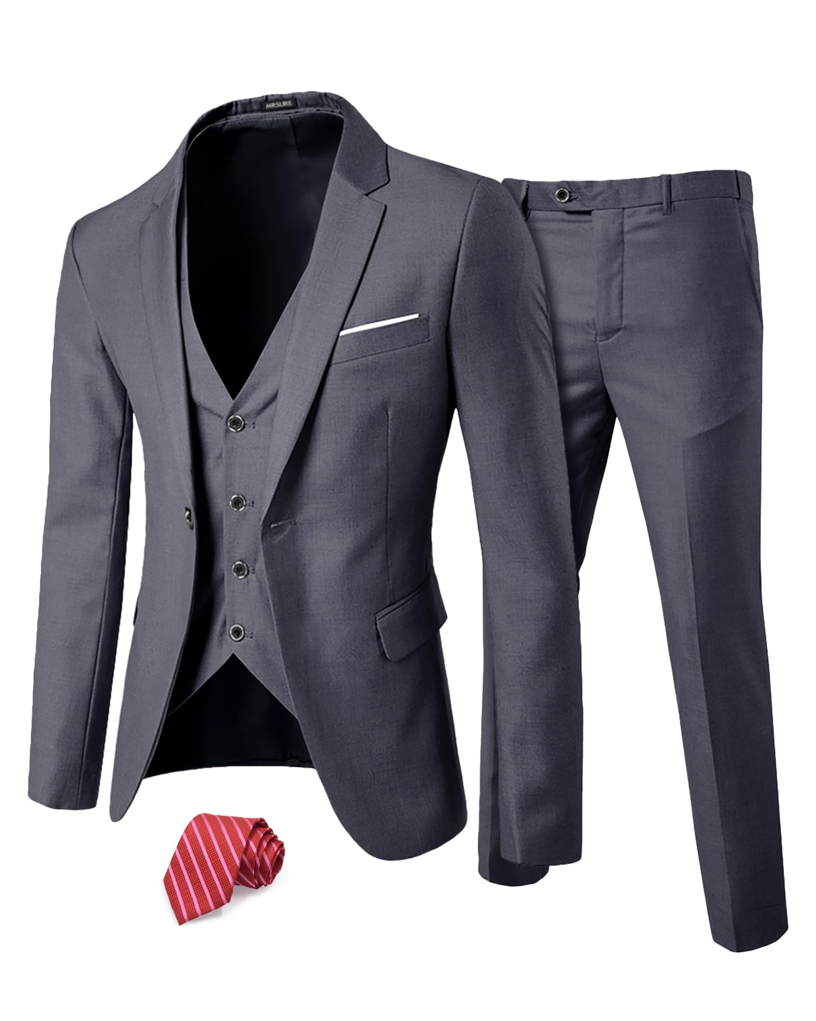 MrSure Men’s 3 Piece Suit Blazer, Slim Fit Tux with One Button, Jacket Vest Pants & Tie Set for Party, Wedding and Business, Dark Grey, XXL