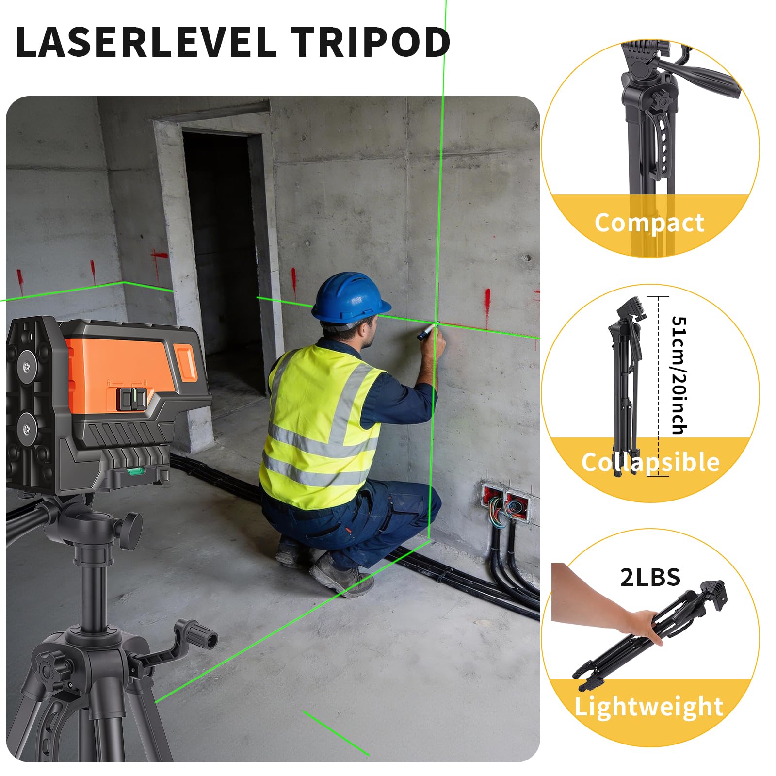 Soporte ajustable para trípode de nivel láser, 20 pulgadas de altura, montaje de rosca de 1/4"-20, ligero con pies no deslizantes, piernas plegables y bolsa de transporte