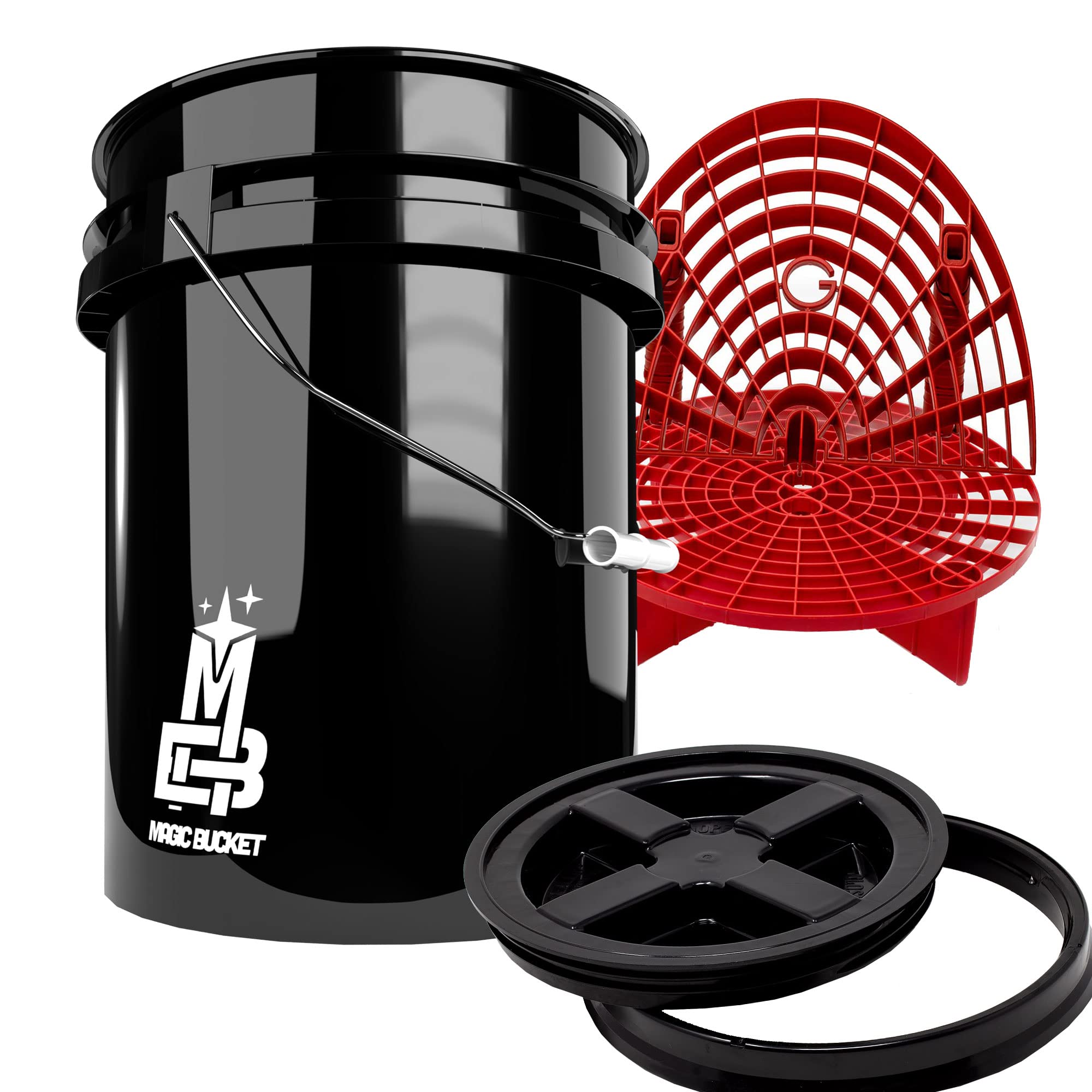 Detailmate professionelles Wasch Eimer Set: Magic Bucket Wascheimer 5 GAL (ca. 20 Liter), Gamma Seal Eimerdeckel schwarz, GritGuard Schmutz Einsatz rot, GritGuard Washboard rot