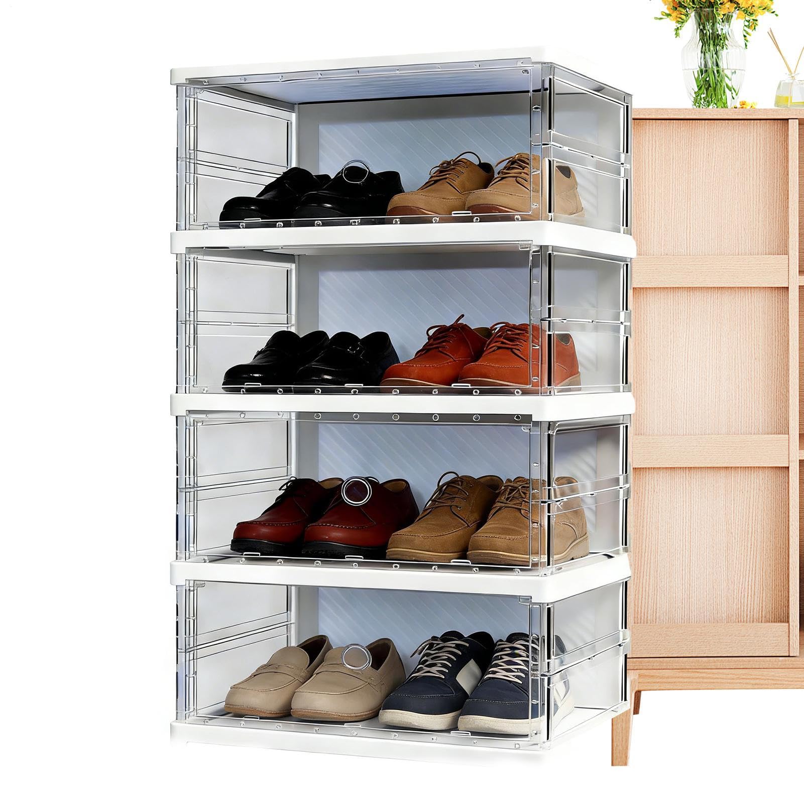 De Almacenamiento De Zapatillas s Apilables Plegables De Exhibición | Contenedores De Almacenamiento De Zapatos Con Puerta Magnética Para Casa Apartamento Dormitorio Armario