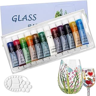 Magicdo Glass Paint Stained Transparent Glass Window Paint Acrylic Paint Set Great for Glass painting, Wine Glasses, Light Bulbs, Ceramic (12 Colors x 12ml with Palette) - Buy now