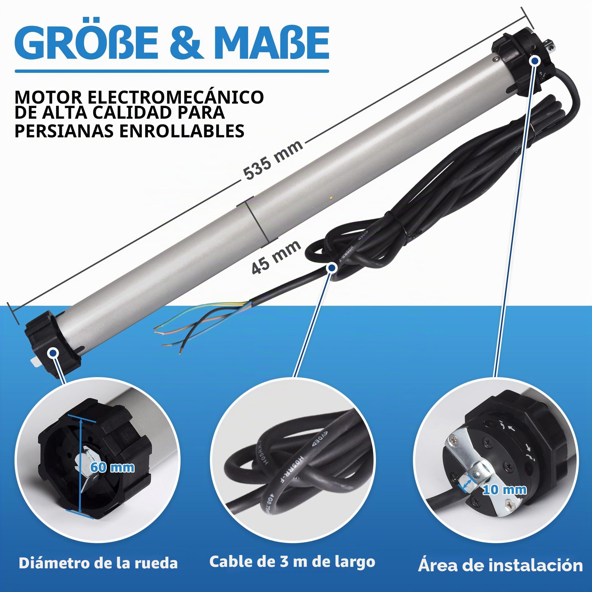 jarolift Motor Universal Electromecánico Uni 60, Motor Tubular para Persianas Enrollables SW60, Fuerza de Tracción 60 kg, con Protección Térmica