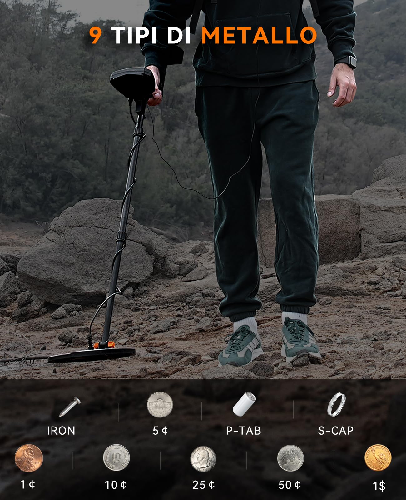 SUNPOW Metal Detector per Adulti e Bambini, Identifica 9 Tipi di Metalli, Profondità di Rilevamento di 10 Pollici, 5 Modalità, Forte Anti-interferenza, Bobina Impermeabile IP68