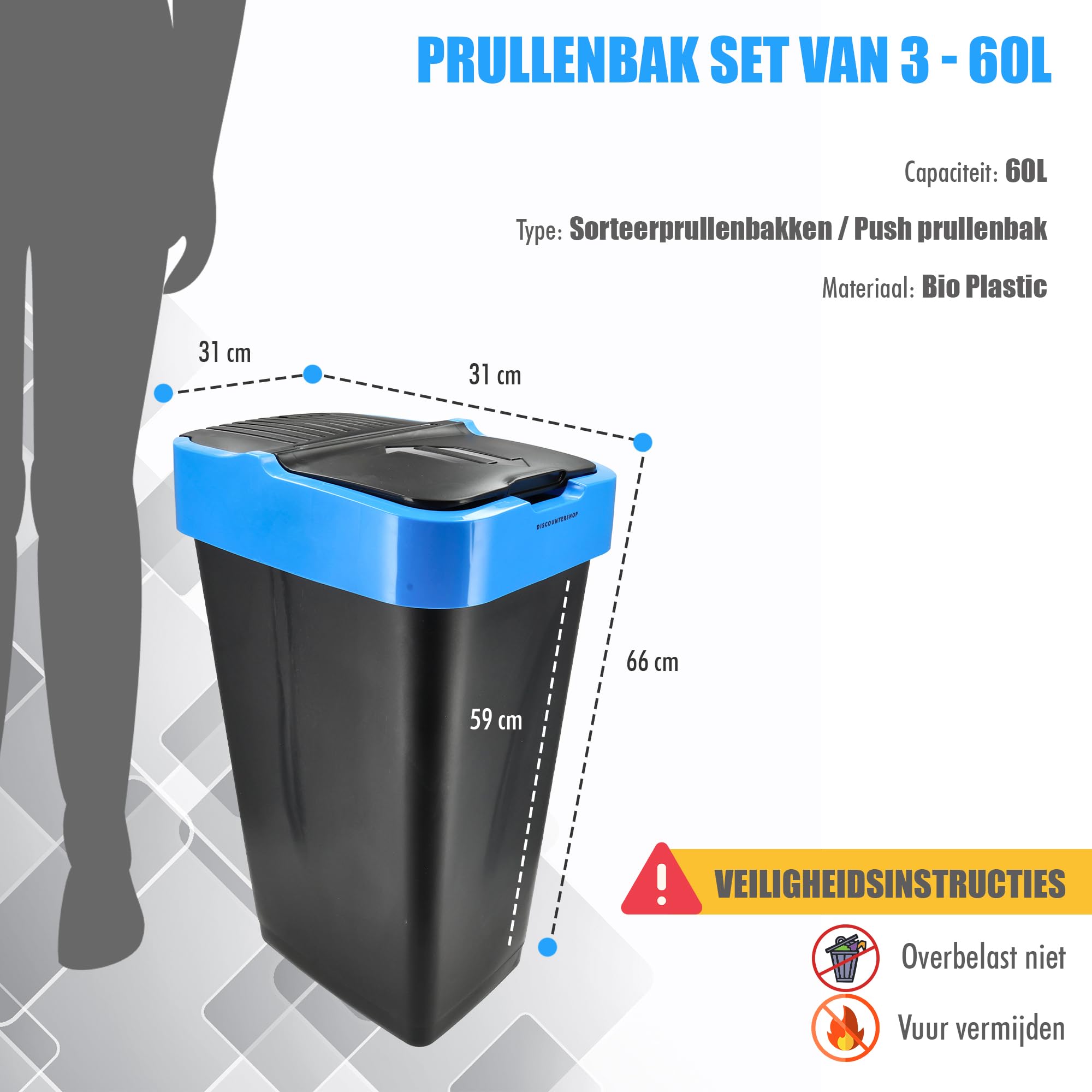 Abfall Sortierbehälter Set von 3-60L Recyclingbehälter mit Schaukeldeckel - Farbcodiertes Trennsystem - Kunststoff Abfalltrennbehälter für Küche und Bad