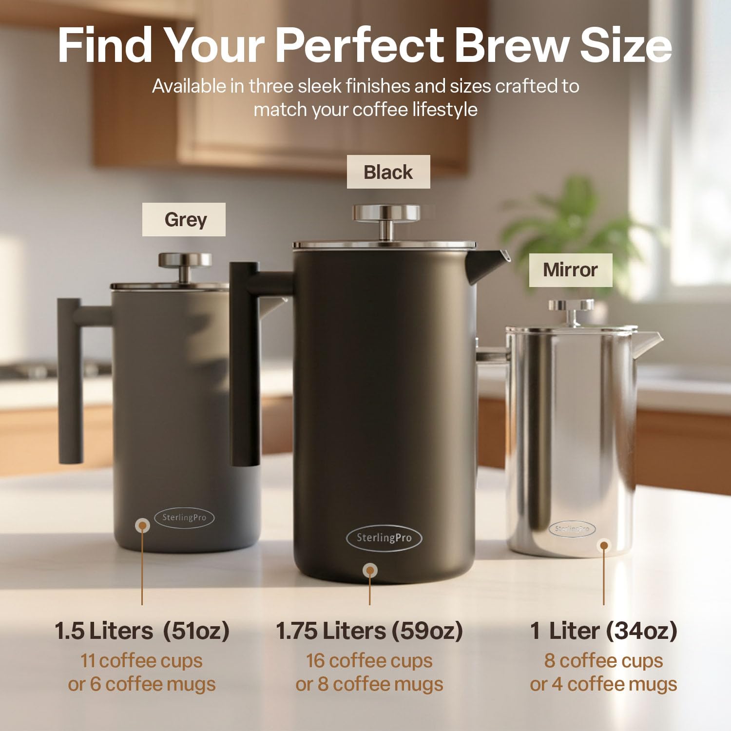 SterlingPro French Press Coffee Maker-Double Walled Large Coffee Press with 2 Free Filters- Granule-Free Coffee, Stylish Rust Free Kitchen Accessory-Stainless Steel French Press (1L, Black)