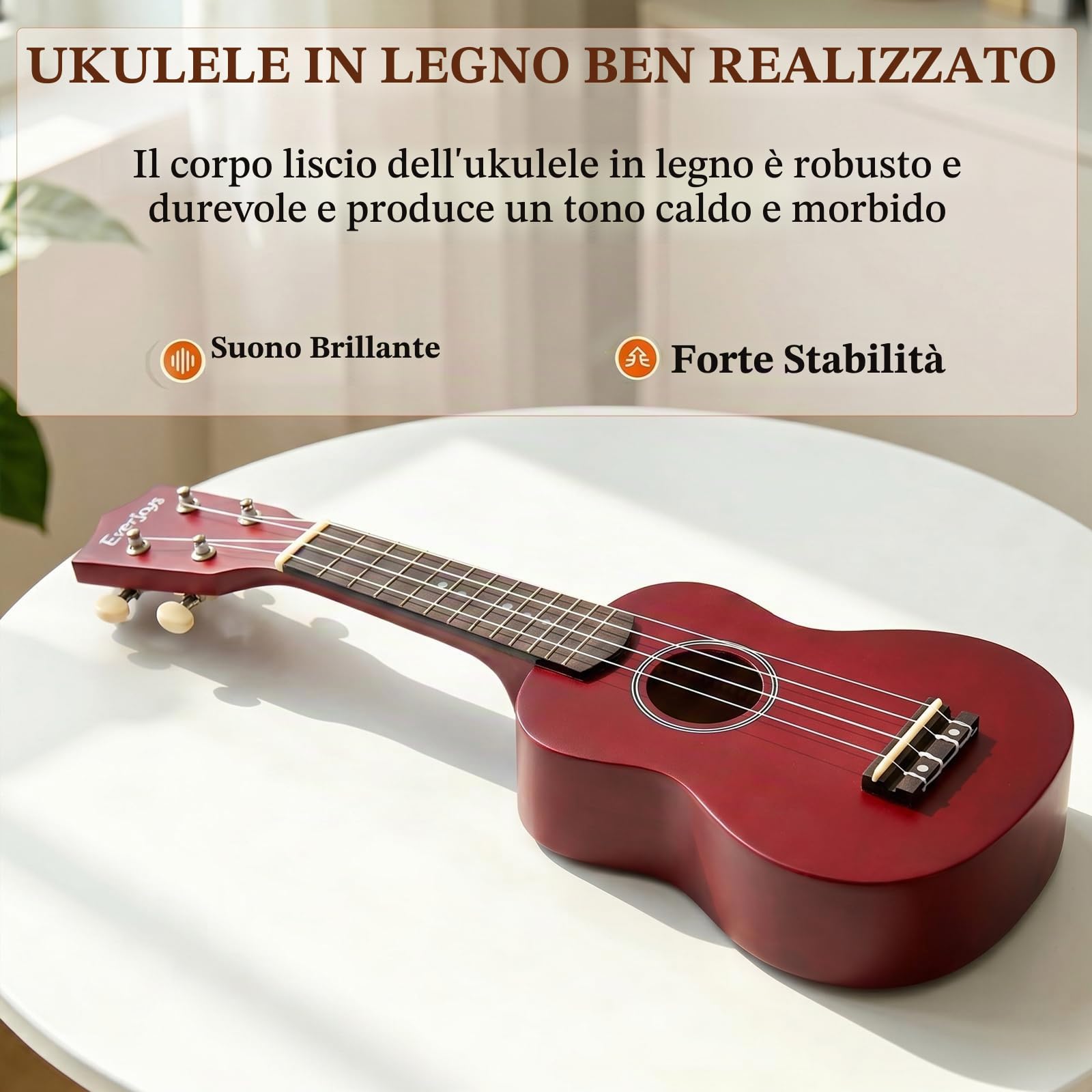 Everjoys Ukulele Soprano per Principiante Adulto Uculele da 21 Pollici con Borsa, Accordatore, Corde Aggiuntive, Cinturino, Plettri, Mogano