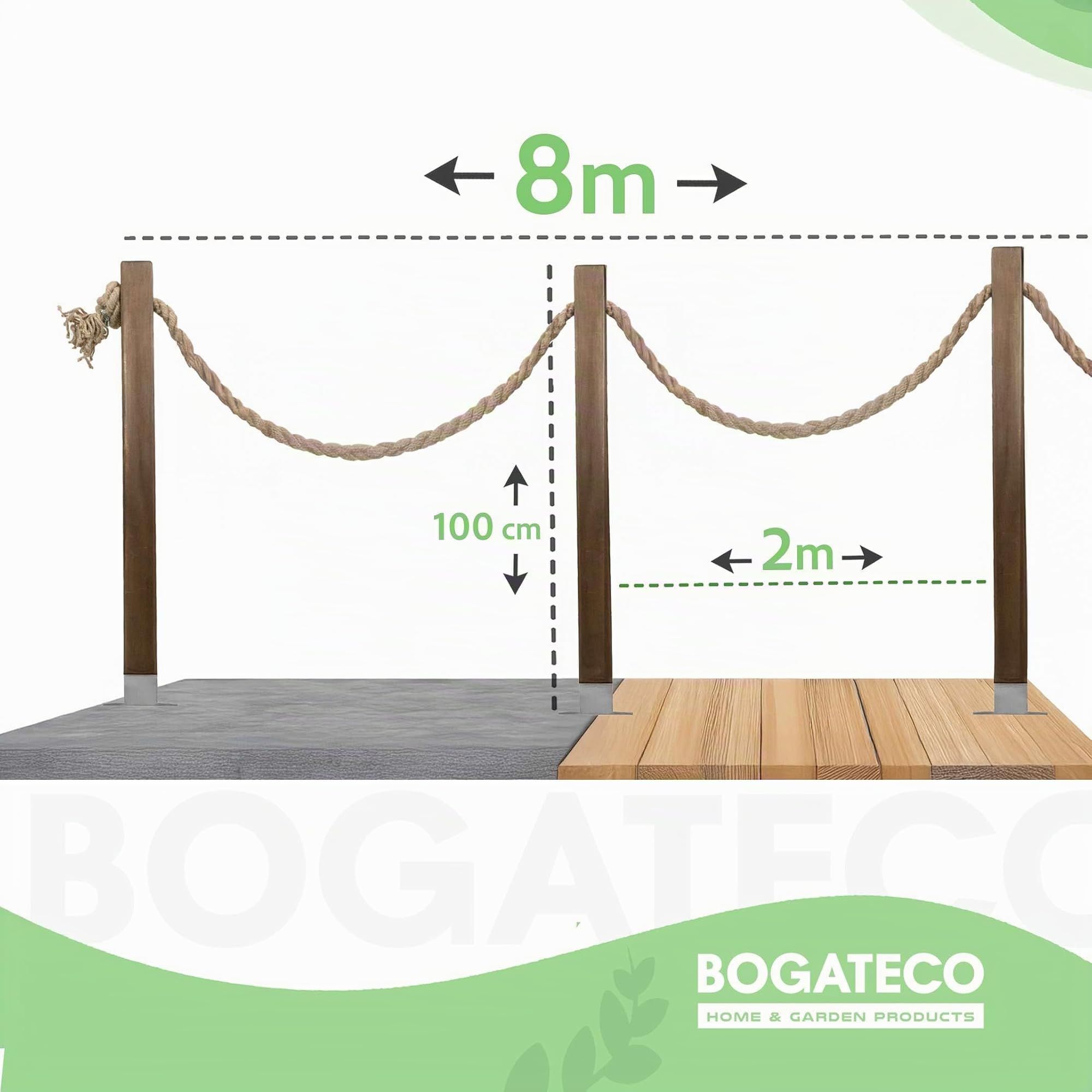 BOGATECO Panel de valla de madera con cuerda de yute, valla de vela, 8 m, 13 longitudes diferentes, kit de montaje que incluye funda de base con placa de enchufe