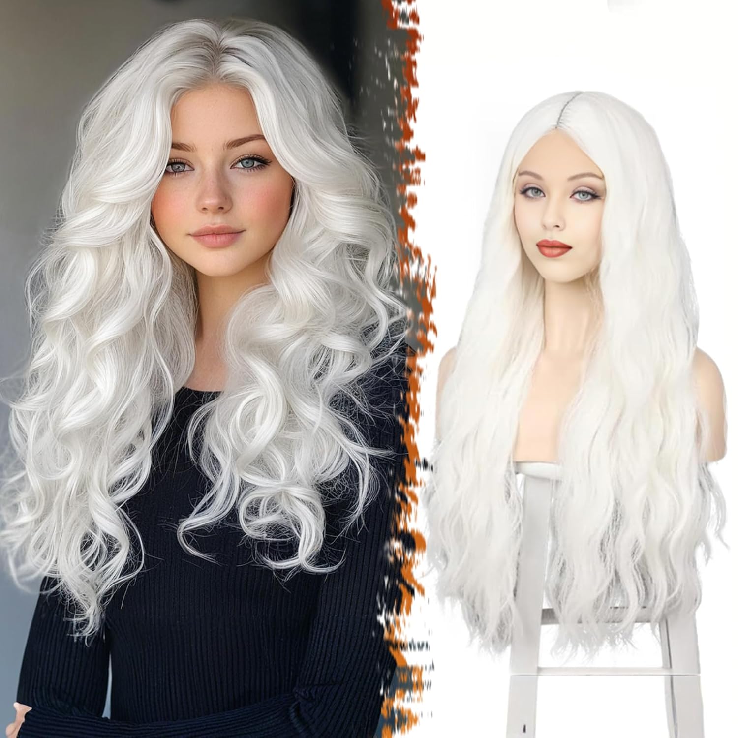 BARSDAR Long Wavy White Wig – 26 Inch Long White Wavy Wigs for Women – Middle Part Natural Looking Synthetic White Queen Wigs Daily Halloween Coustume Cosplay Wigs – White