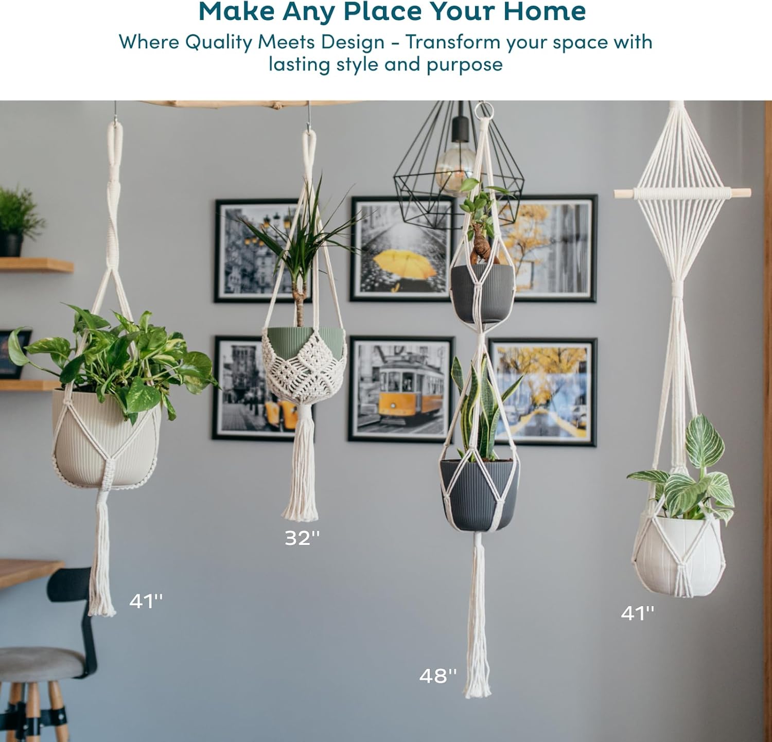 Nook Theory 4-Pack Macrame Plant Hangers with 8 Hooks - Hanging Planters for Indoor Plants, Boho Macrame Hangers Indoor Outdoor, Decorative Plant Hanger Indoor (Black)