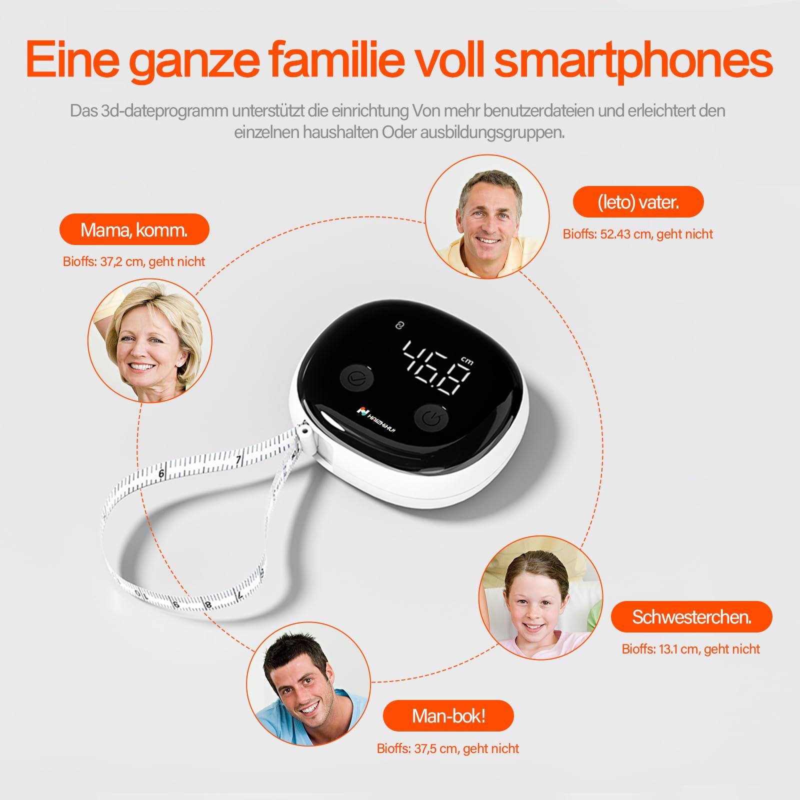 Fitdays Smartes Körpermaßband mit Bluetooth & LED-Bildschirm | Körperfett-BMI-Messung + App-Tracking für Fitness/Abnehmen | Automatisch Einziehbar & Tragbar (Schwarz)