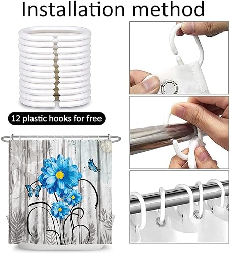 Miniatura 7 de Cortinas de ducha con diseño de mariposas florales para baño, cortina de ducha rústica, tela de margaritas azules sobre madera campestre, juego de