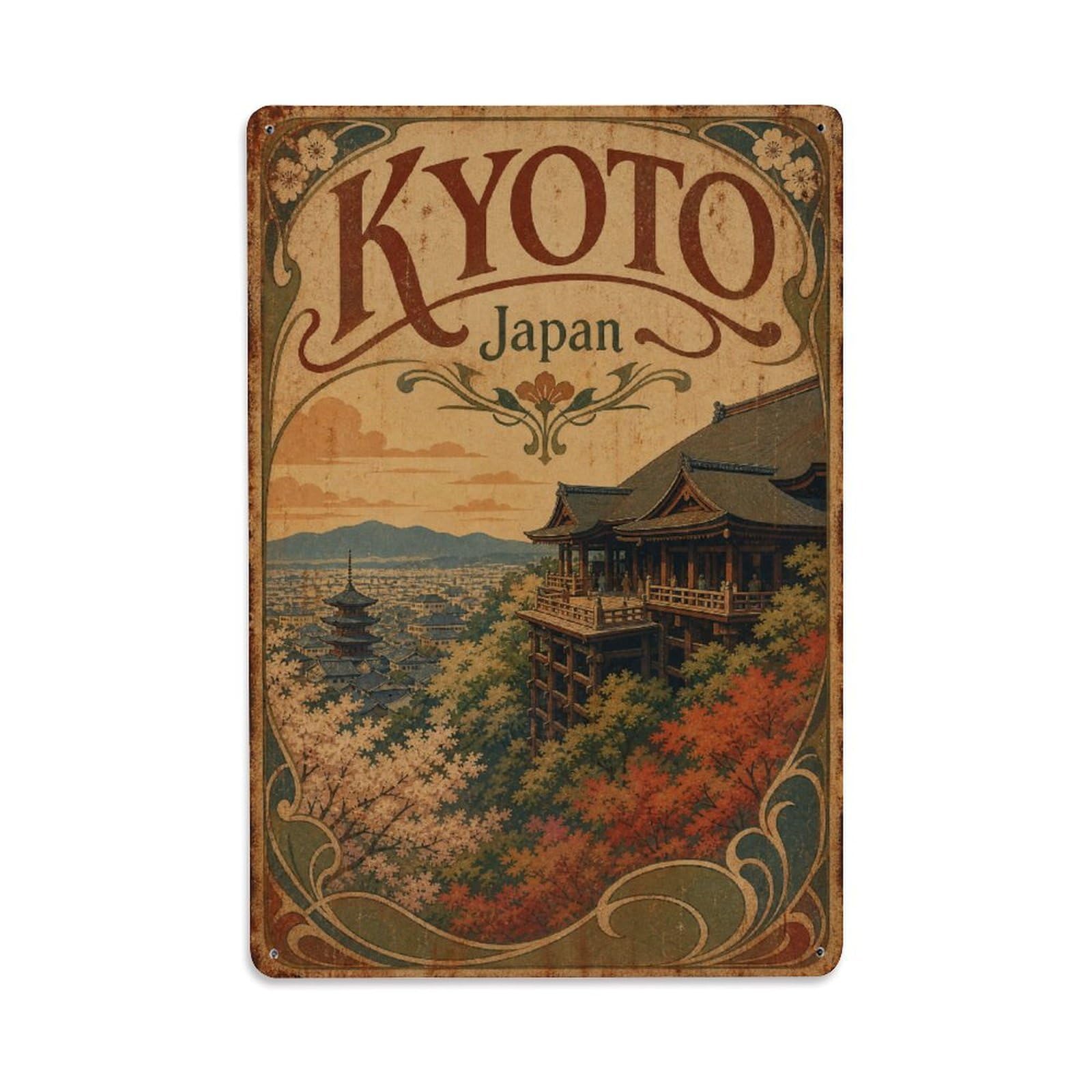 Gead 8X12inch Style Vintage Travel Kyoto Japan Hillside Metal Tin Sign