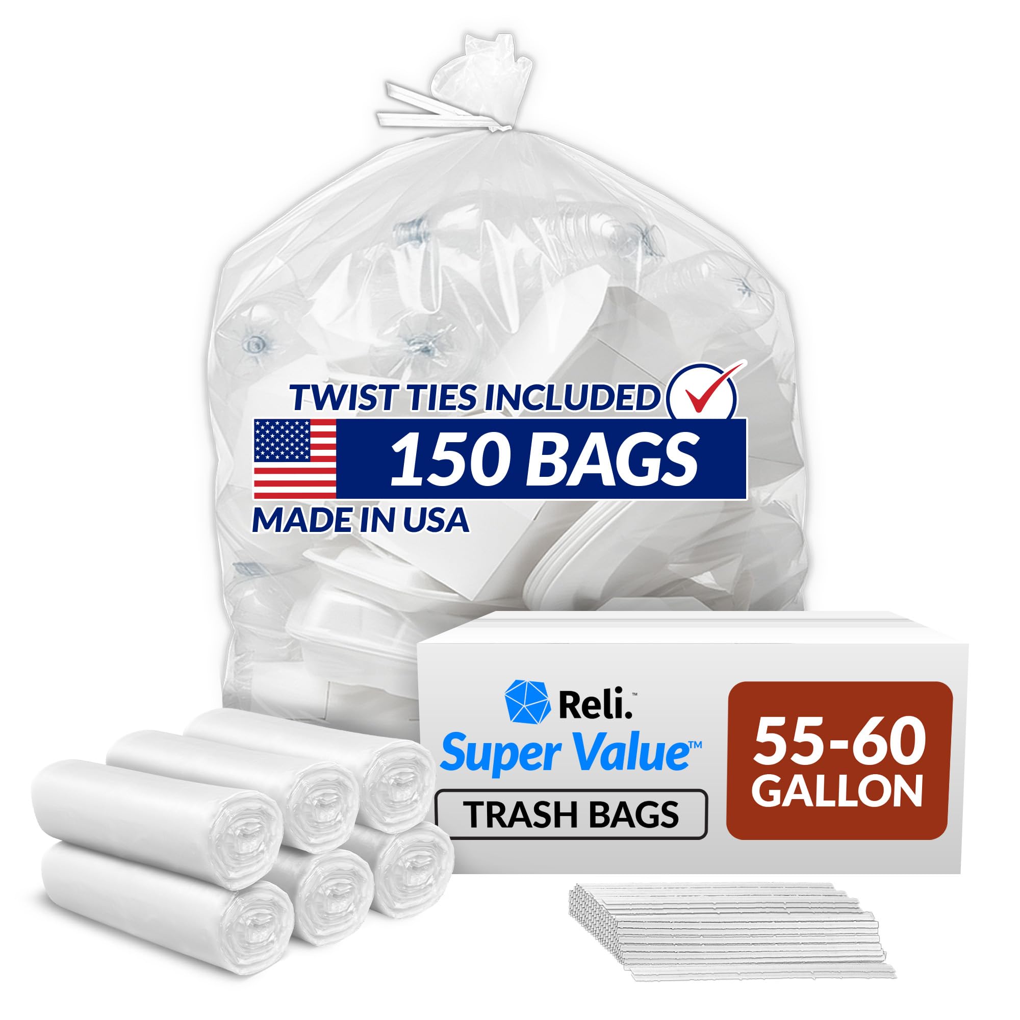 Bolsas de basura Reli. SuperValue de 208 litros (150 unidades) fabricadas en Estados Unidos, transparentes, resistentes y con capacidad de 208 litros - 227 litros