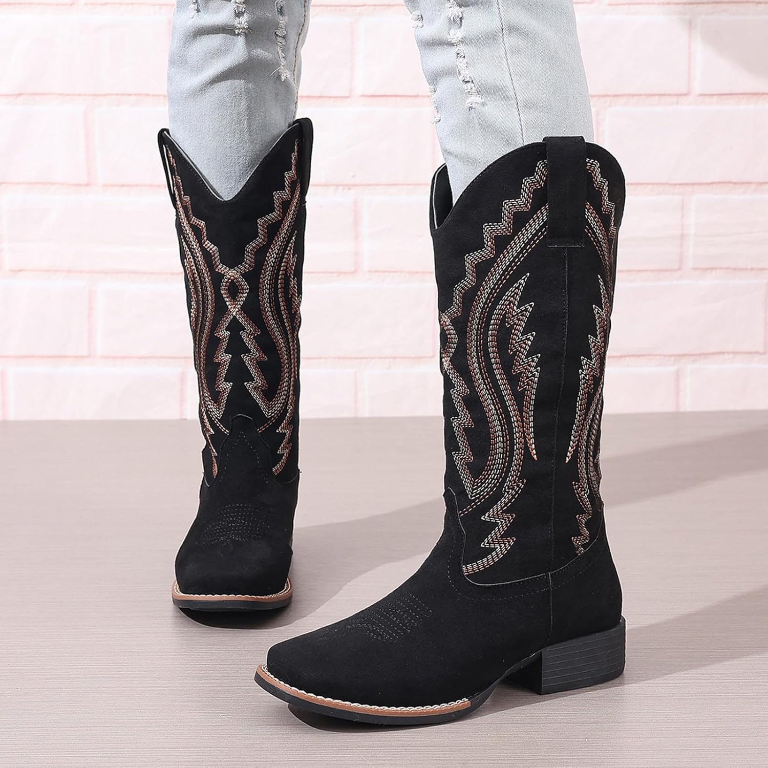 Cowboy Boots for Women Western Boots Cowgirl Embroidery Low Chunky Heel Square Toe Mid Calf US size 6-12