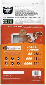 WORLD'S BEST CAT LITTER Low Tracking & Dust Control Multiple Cat Unscented 15-Pounds - Natural Ingredients, Quick Clumping, Flushable & Made in USA - Long-Lasting Odor Control & Easy Scooping