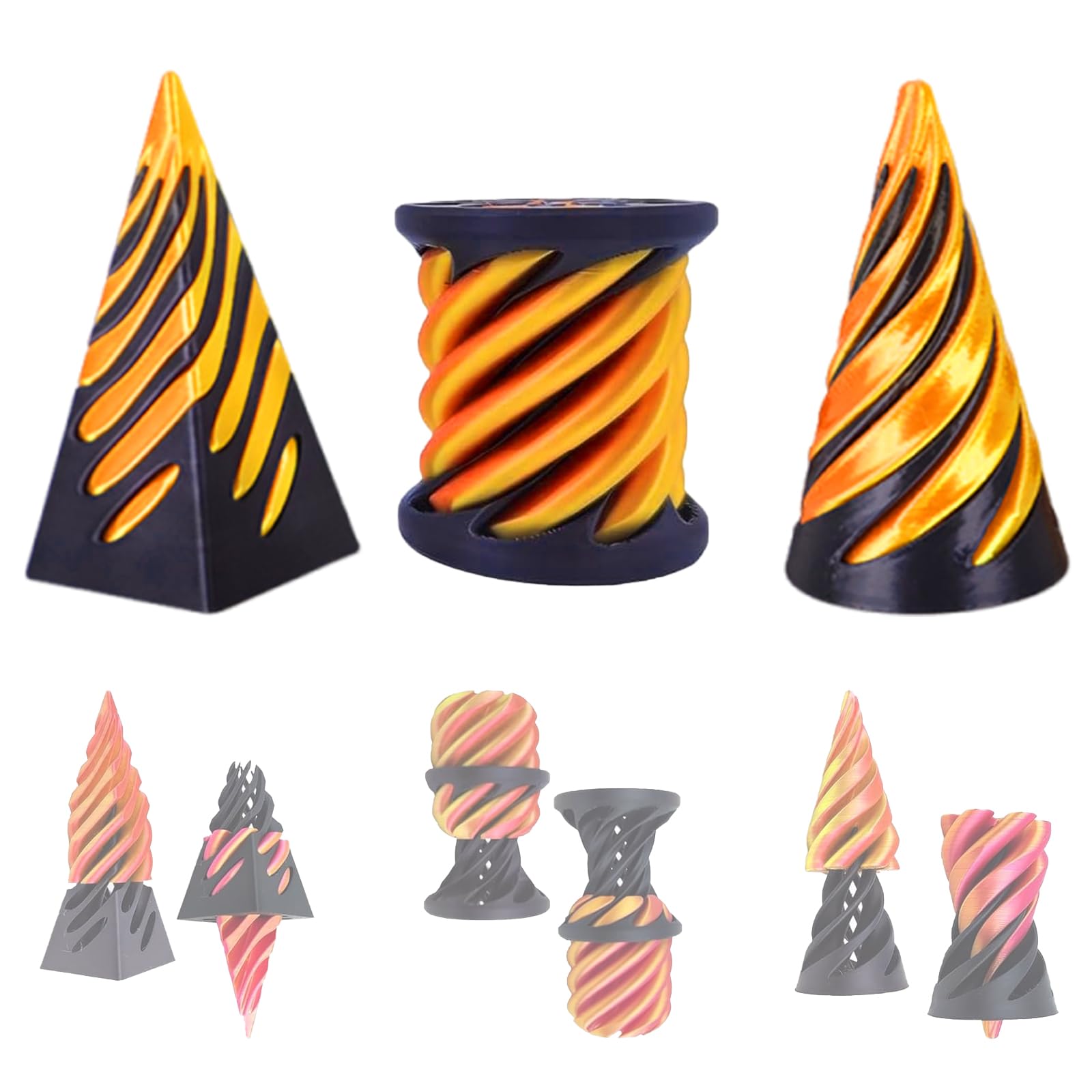 3Pcs Impossible Cone Fidget Toy, Steampunk Whirling Wonder Fidget, 3D Printed Spiral Cone Fidget Toy & Pyramid Passthrough Sculpture for Kids & Adults Stress Relief