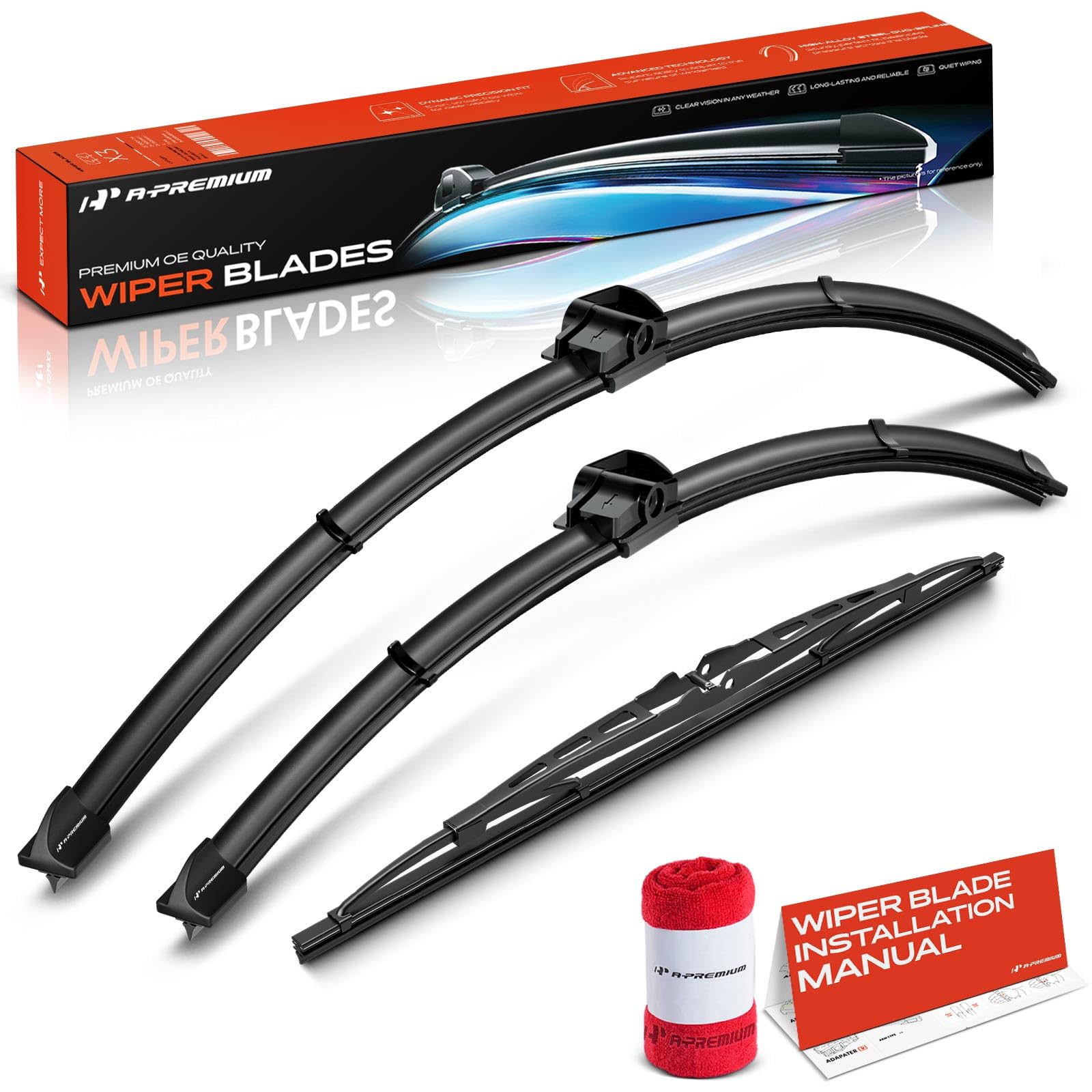 A-Premium Windshield Wiper Blades Compatible with Volvo V50 2005 - Front Rear Wipers Blade Set for 26"/20"/14", SL/Pin Arm Connector, with Wear Indicator & Towel (Pack of 3)