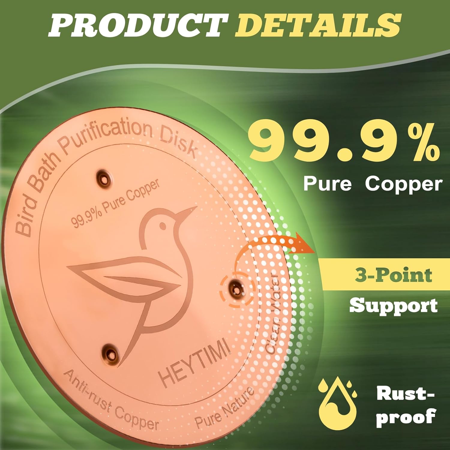 4 PCS Bird Bath Copper Disk Rainproof 99.9% Pure Copper Water Purification Disk with Triple-Point Support for Outdoor Birdbath & Bowl, All-Season Use Safe