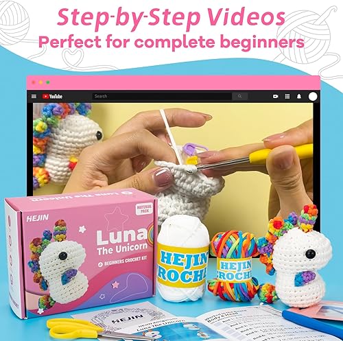 Miniatura 2 de Kit de ganchillo para principiantes, los kits de ganchillo de unicornio para niños y adultos incluyen hilo arcoíris, videos tutoriales, ojos y
