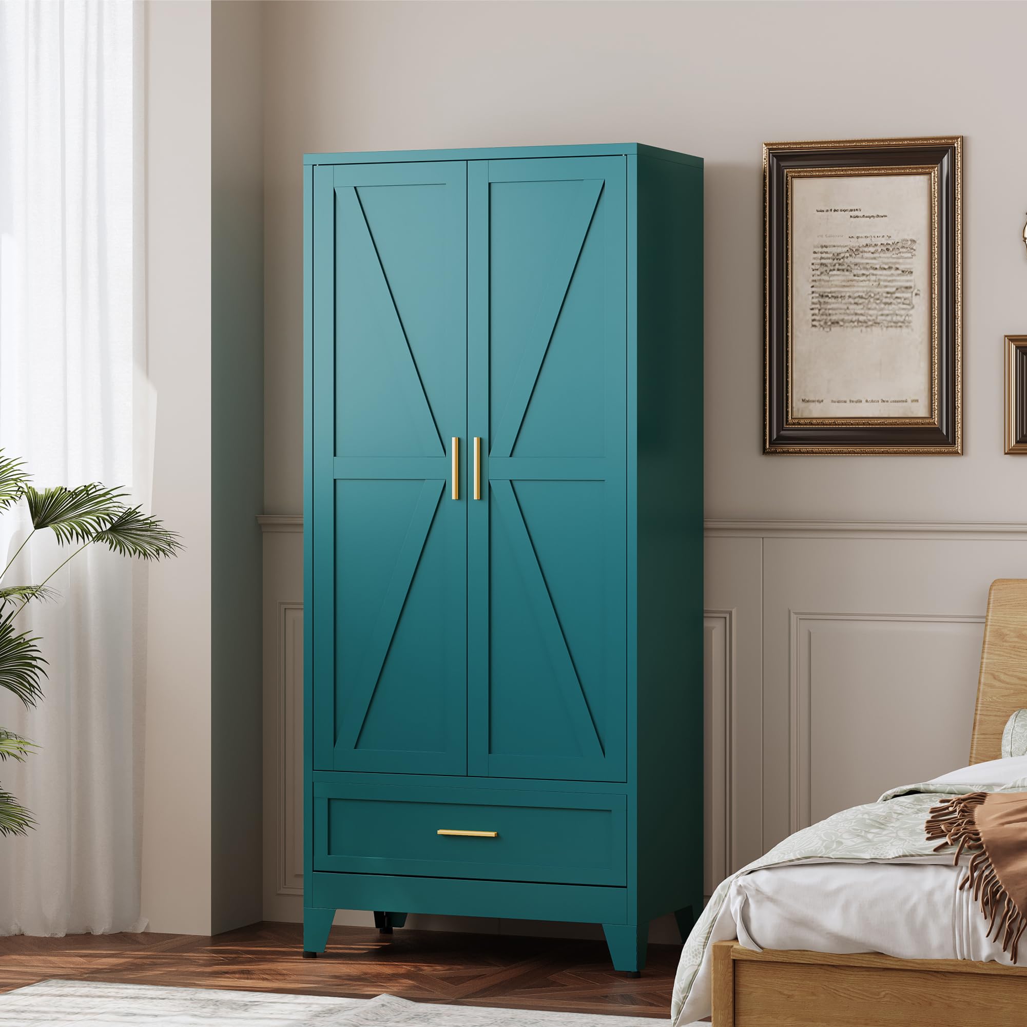 QINPTWUT 71" Wardrobe for First Apartments – Freestanding Closet with 1 Drawer & Hanging Rod, Easy Assembly White Armoire for Bedroom (Blue, 71" - 1