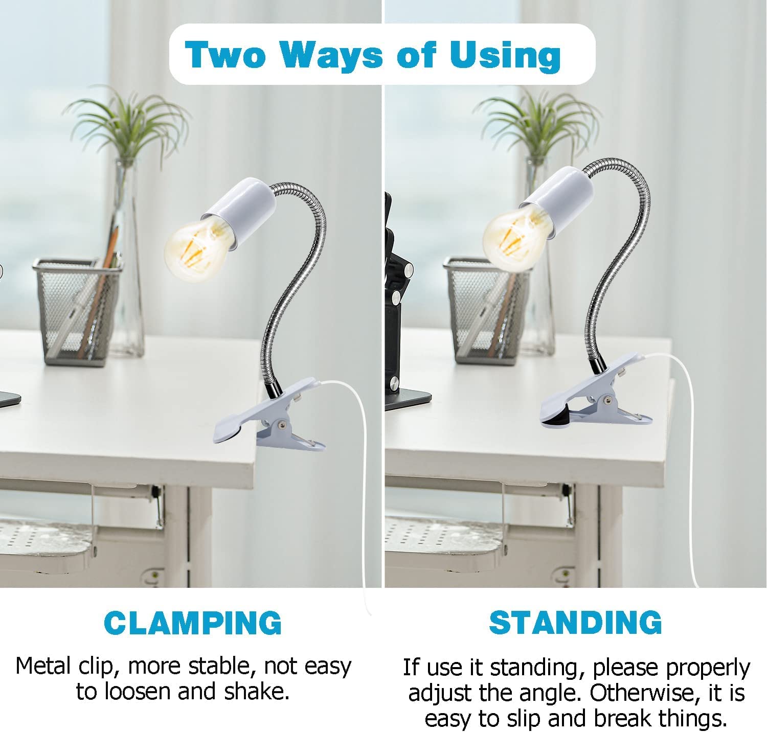 Clip on Lamp Holder, White Clamp Light Socket, Clip on Desk Lamp, E26 Book Clamp Light Fixture, 360° Flexible Gooseneck Lighting, E27 Bulb Holder with 7 Ft Plug and Switch, for Bedside