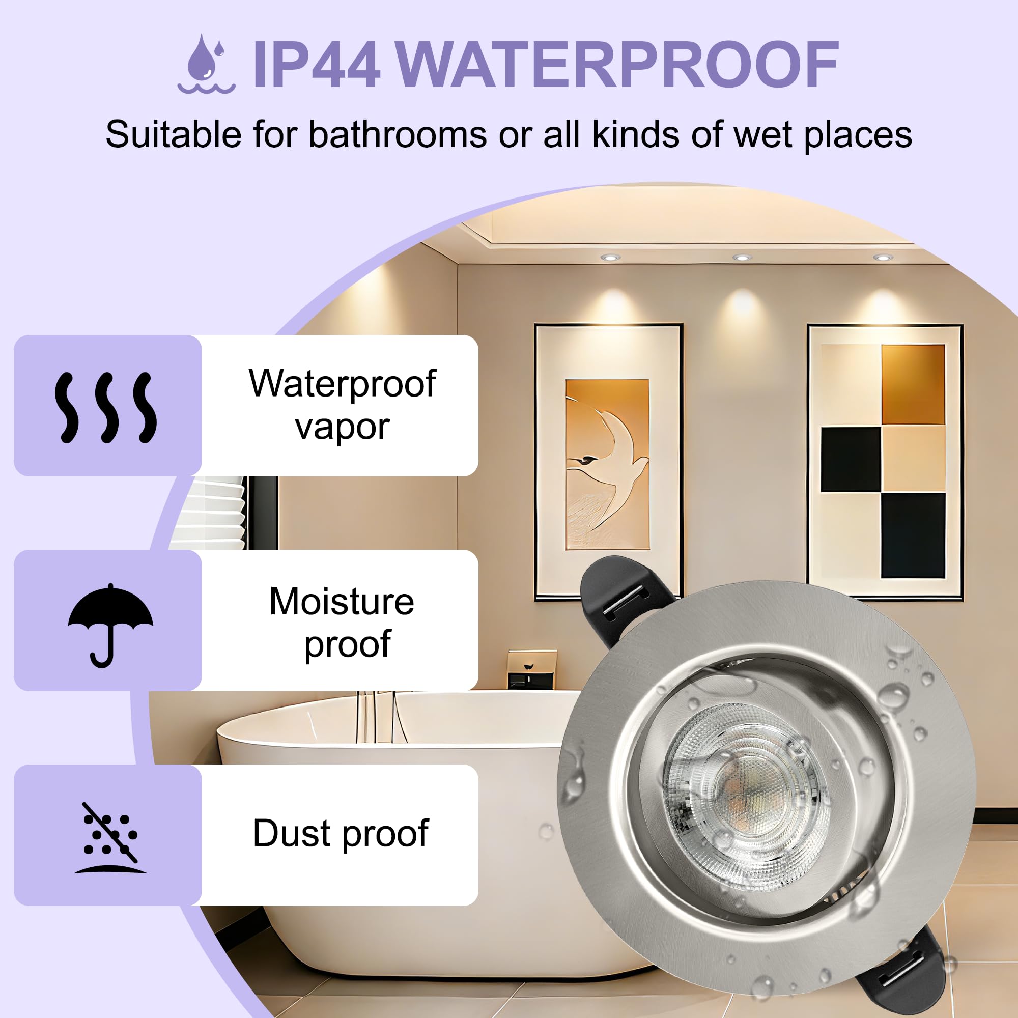 Faretti LED da Incasso per Cartongesso Dimmerabile 230V, 5.5W 600LM IP44 Faretto Incasso Ultra Piatti 68mm, Caldo/Neutro/Freddo Faretti LED Soffitto Ruotabile a 45° per Bagno, Set di 6 Nichel
