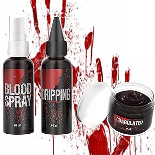 3PCS Halloween Fake Blood Makeup Kit , Fake Blood Splatter Spray 2.03oz + Coagulated Blood 1.35oz + Dripping Blood 2.03oz for Zombie Vampire Monster Cosplay Mouth Clothes Dress Up