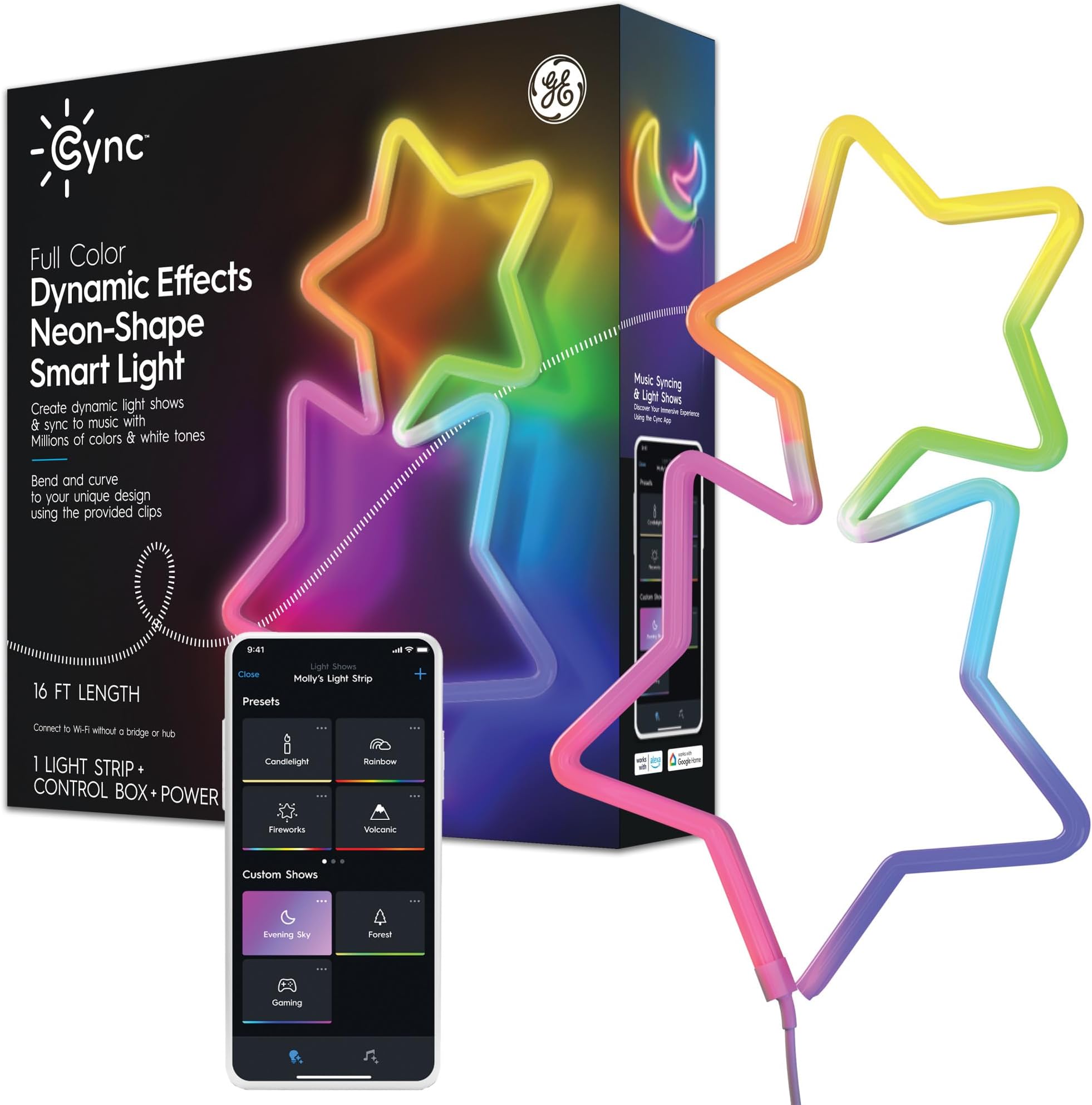 Cync GE Dynamic Effects Smart LED Strip Lights, Indoor Neon Rope Lights with Music Sync, Aesthetic Color Changing WiFi Light Strip for Room Décor, Works with Amazon Alexa and Google, 16 Ft