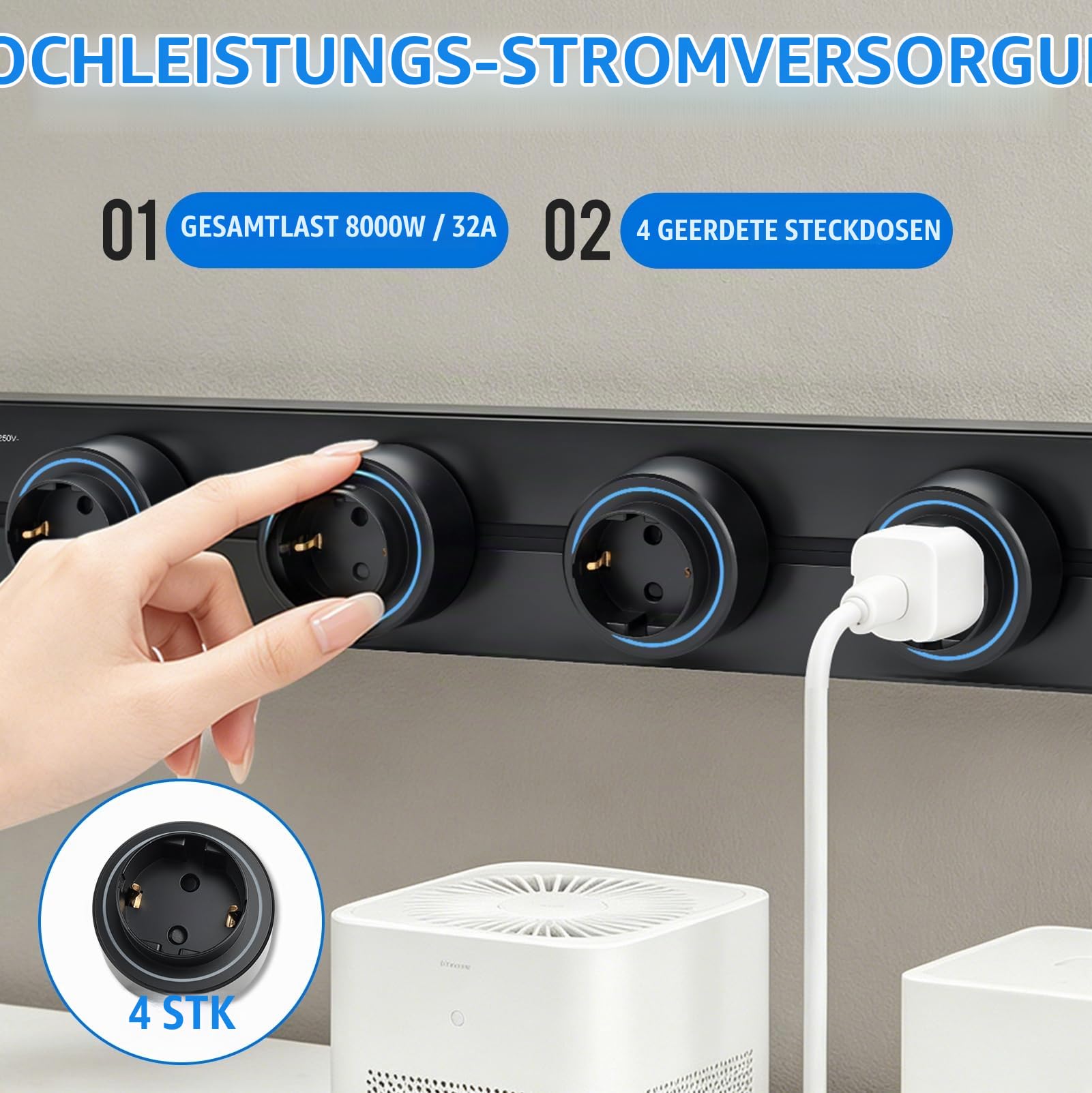 Mehrfachsteckdose Wandmontage, Stromschiene mit 4 Schutzkontakt-Steckdosen | 32A/8000W Max, 50 cmSteckdosenleiste Ohne Kabel für Küche, Werkstatt