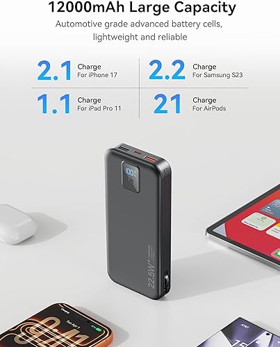 Miniatura 5 de Banco de energía portátil, cargador de teléfono de carga rápida de 12000 mAh 22.5 W con cables integrados y enchufe de pared, paquete de batería