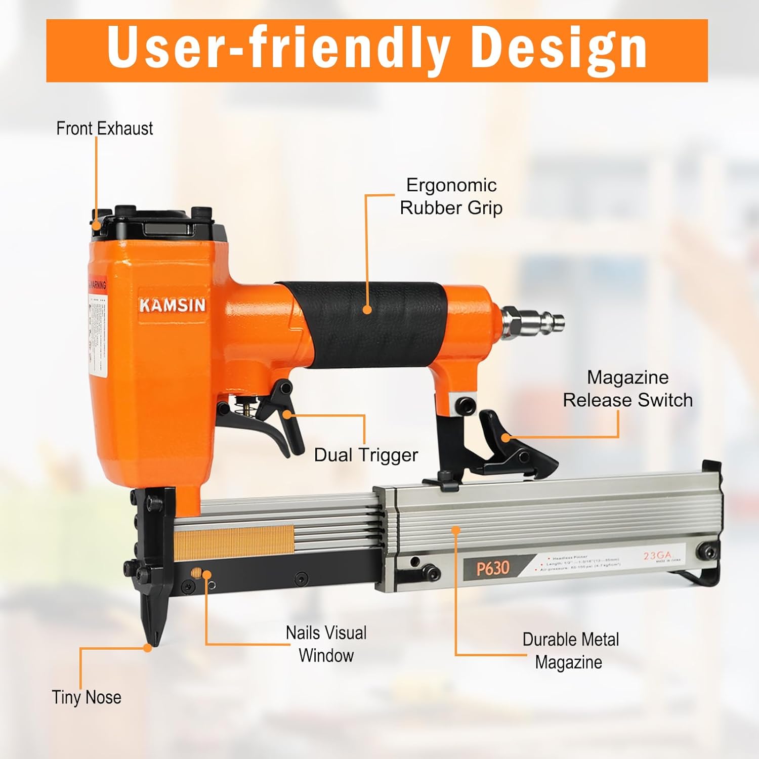 P630 Pneumatic 23 Gauge Pin Nailer Accepts 3/8" to 1-3/16" Pin Nails, Headless Pin Nail Gun with Trigger Safety, Micro Pinner Gun for Assembly and Woodworking Projects