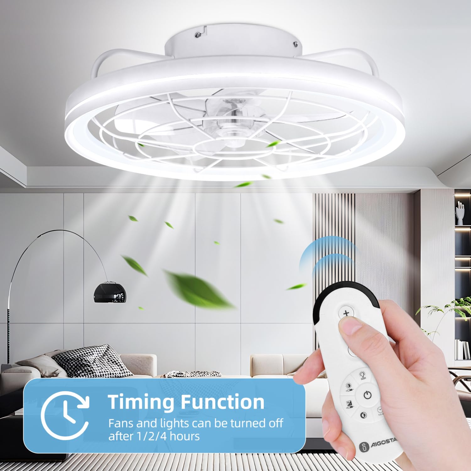 Aigostar Ventilatore da Soffitto con Luce e Telecomando, Confezione da 2 | Lampadario Ventola Soffitto, 60W, 4400LM, 2700K-6500K Dimmerabile, Timer, DC Motore Silenzioso, 5 Pale, φ48cm, Bianco