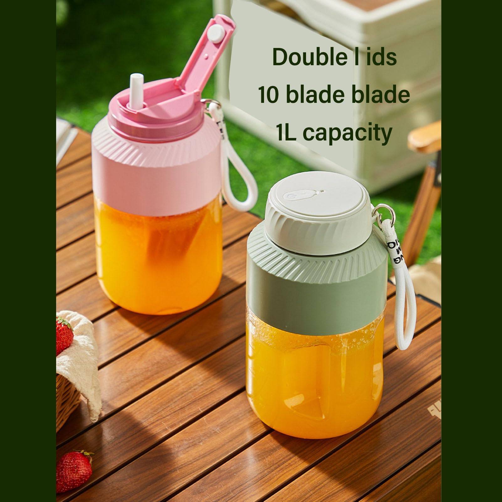 BuyWeek Blender Portable 1 L, Mixeur Smoothie Sans Fil Rechargeable à Double Couvercle Mélangeur de Voyage pour Activités de Plein Air, Voyages, Salle de Sport, Fêtes (Rose)