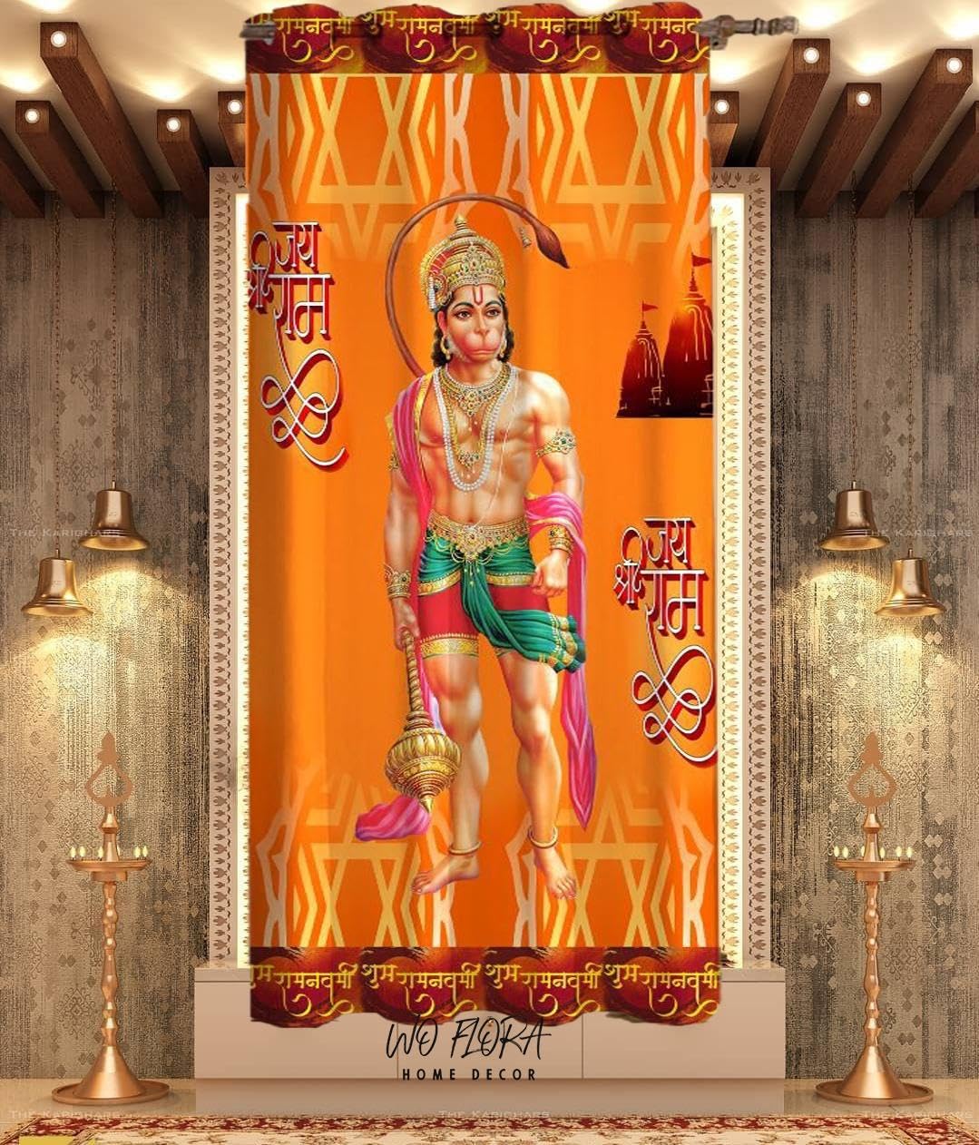 WO FLORA 3D Digital Printed Lord Hanuman God Curtains for Poojaroom/Pooja ghar mandir Parde Home Temple Curtain 4x9 Feet Long Door Curtain Pack of 1 Pc