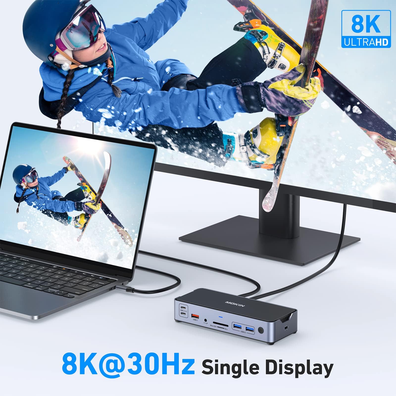 MOKiN - Docking station per laptop 8K USB C, 3 monitor con 2 DisplayPort, HDMI, 15 in 1, docking station USB C, 100 W, 6 porte USB, Ethernet, SD e TF, per Dell/HP/MacBook (include adattatore di