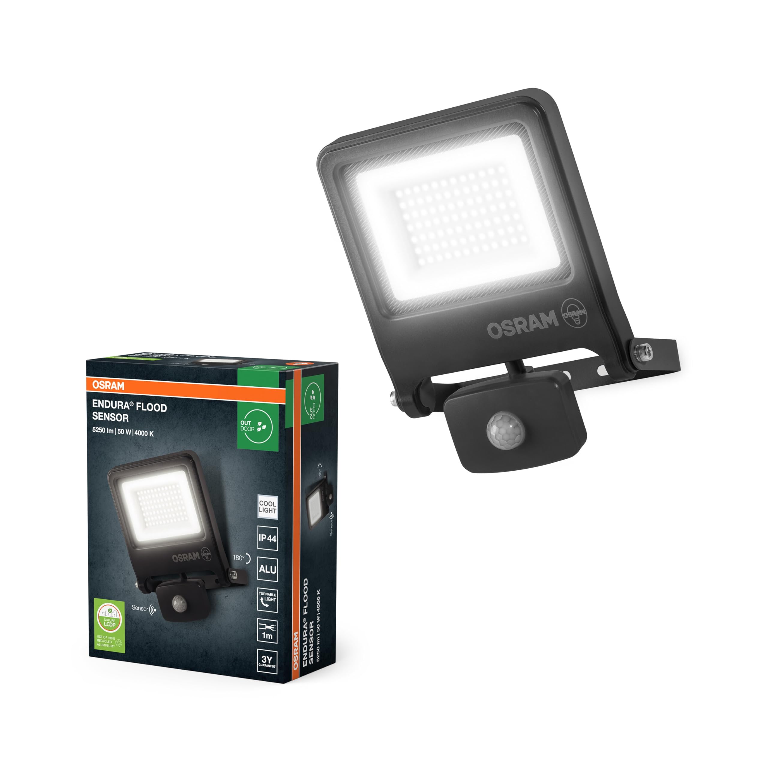 Osram ENDURA FLOOD PC 50W LED-Fluter 4000K 5000 Lumen IP44 Flutlicht IR-Melder 9m Dunkelgrau