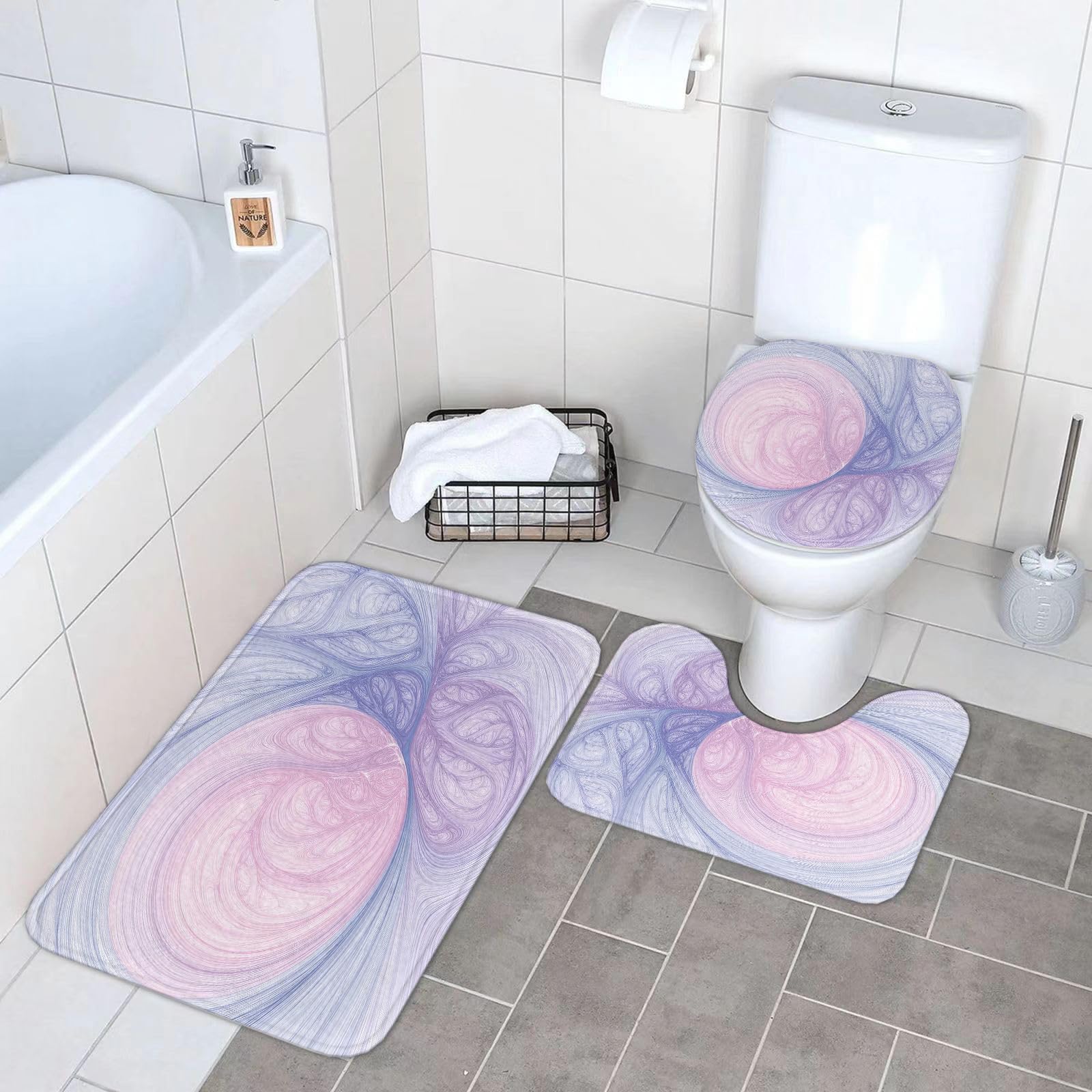 Set di 3 tappetini da Bagno, Lavabili in Lavatrice e Antiscivolo, in Morbida Fibra Superfine, con Motivo a Spirale.