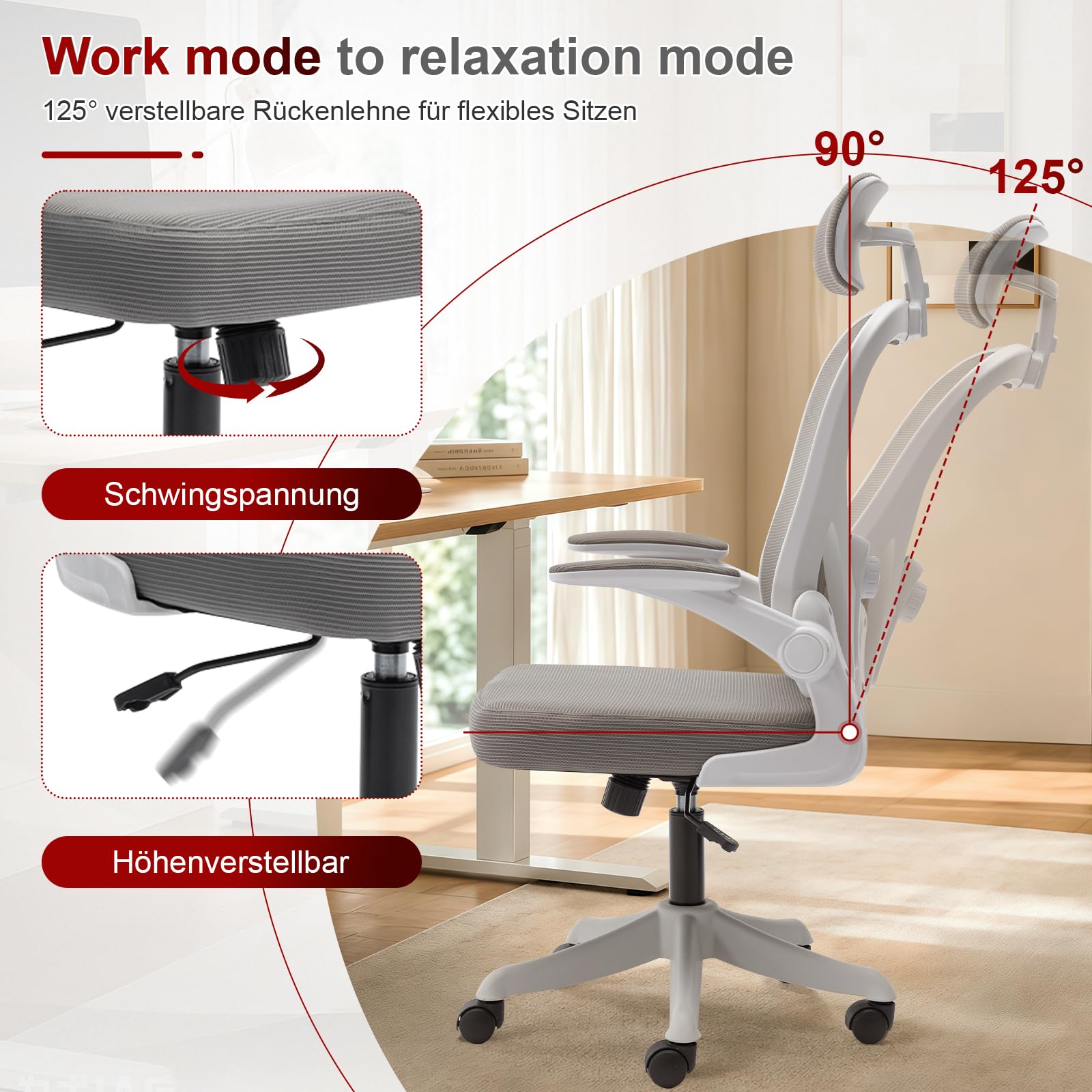 Ergonomischer Bürostuhl für Homeoffice, Schreibtischstuhl mit Verstellbarer Lendenstütze & Kopfstütze, Netzstuhl mit klappbaren Armlehnen, Computerstuhl für Büro, Lernen und Gaming, Grau