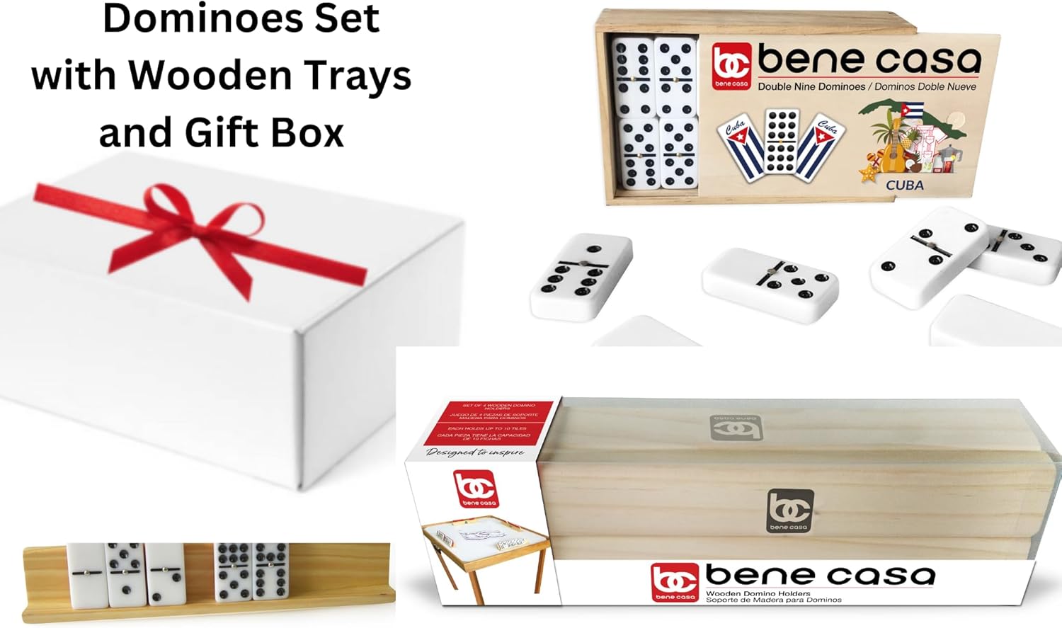 Bene Casa - Cuban Flag Design Double Nines Dominoes Set 55 Dominoes, Wooden Domino Trays - Set of 4 Each Tray Can Hold Up to 10 Dominoes/Bundle.