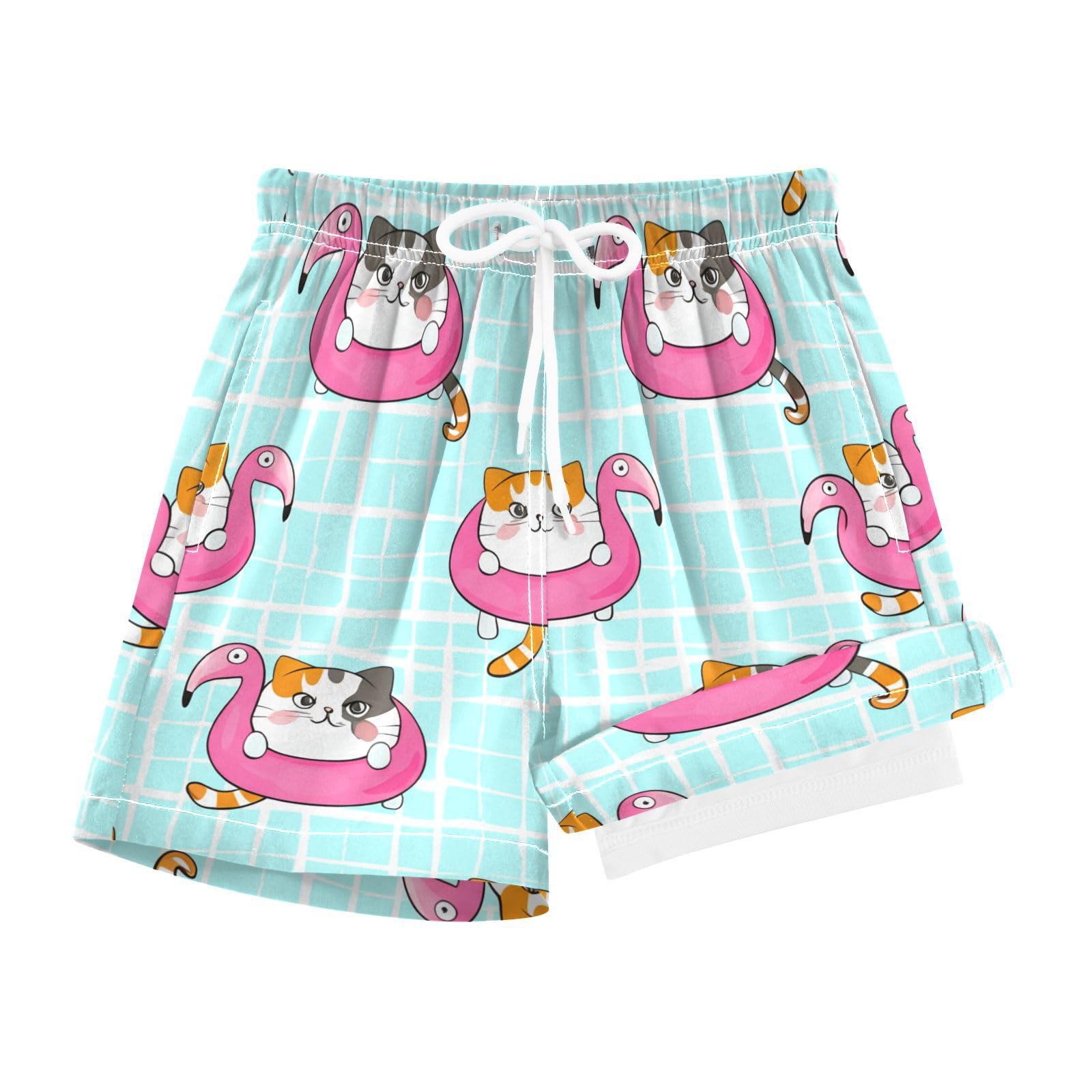 YANENDIE Boy Swim Trunks with Compression Liner Cats Flamingo Floaties Boys Swim Shorts Quick Dry Beach Shorts